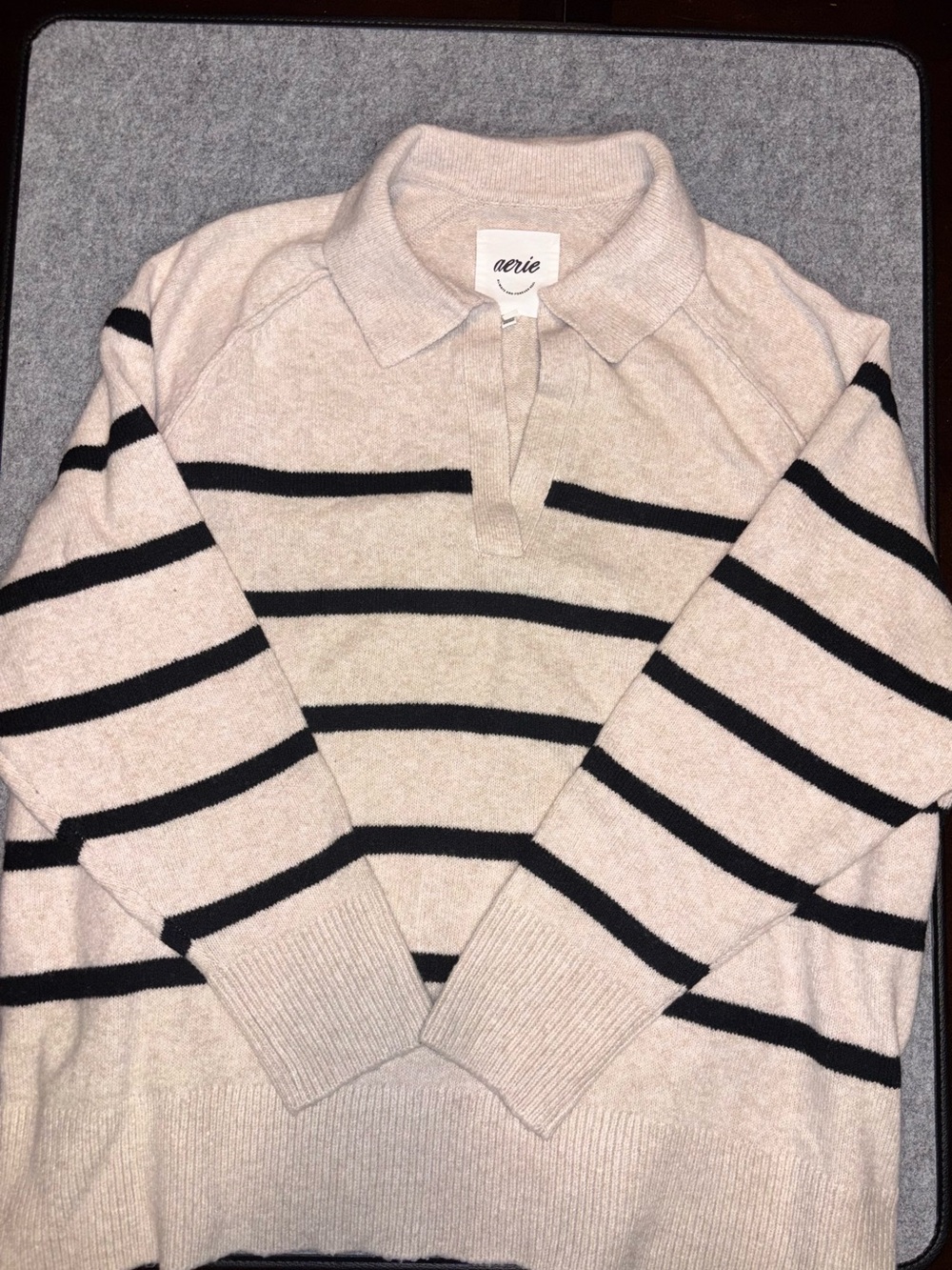 Arie Cream and Black Striped Polo Sweater